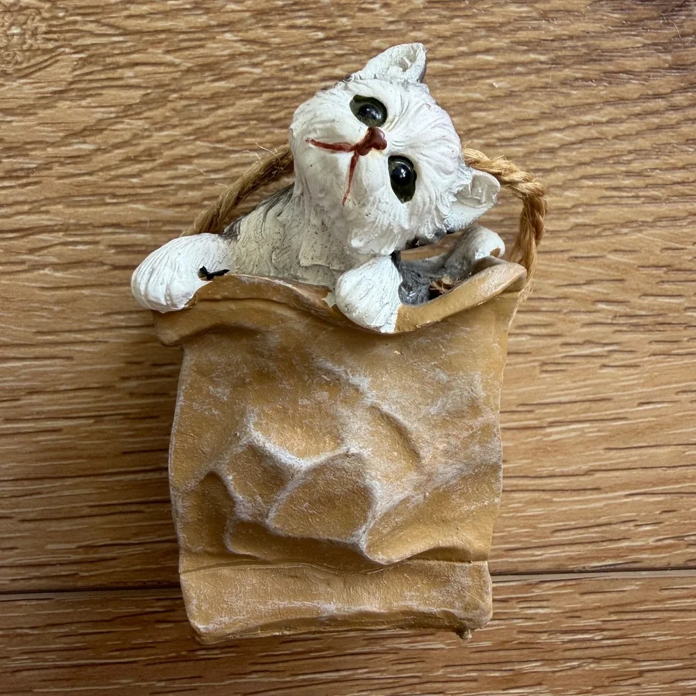 Vintage Resin Kitten in Paper Bag Figurine Ornament White Grey Cat Marked